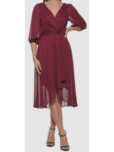 DKNY Womens Zippered Pleated Belted Lined Balloon Sleeve Surplice Neckline Midi Wear To Work Faux Wrap Dress