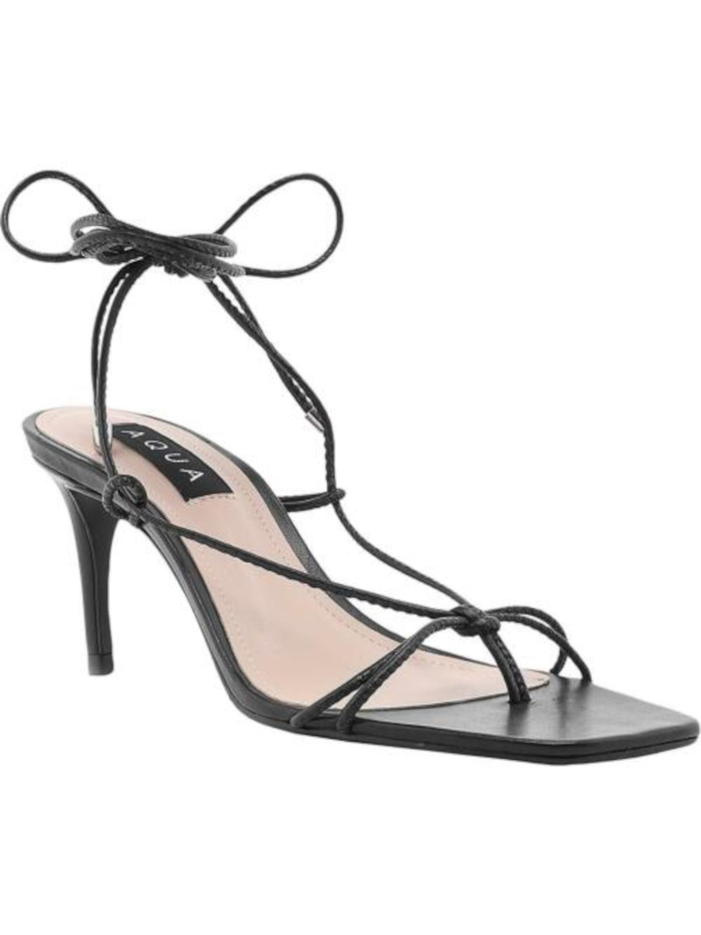 AQUA Womens Black Toe-Loop Strappy Padded Dirlene Square Toe Kitten Heel Lace-Up Leather Dress Sandals Shoes 7 B