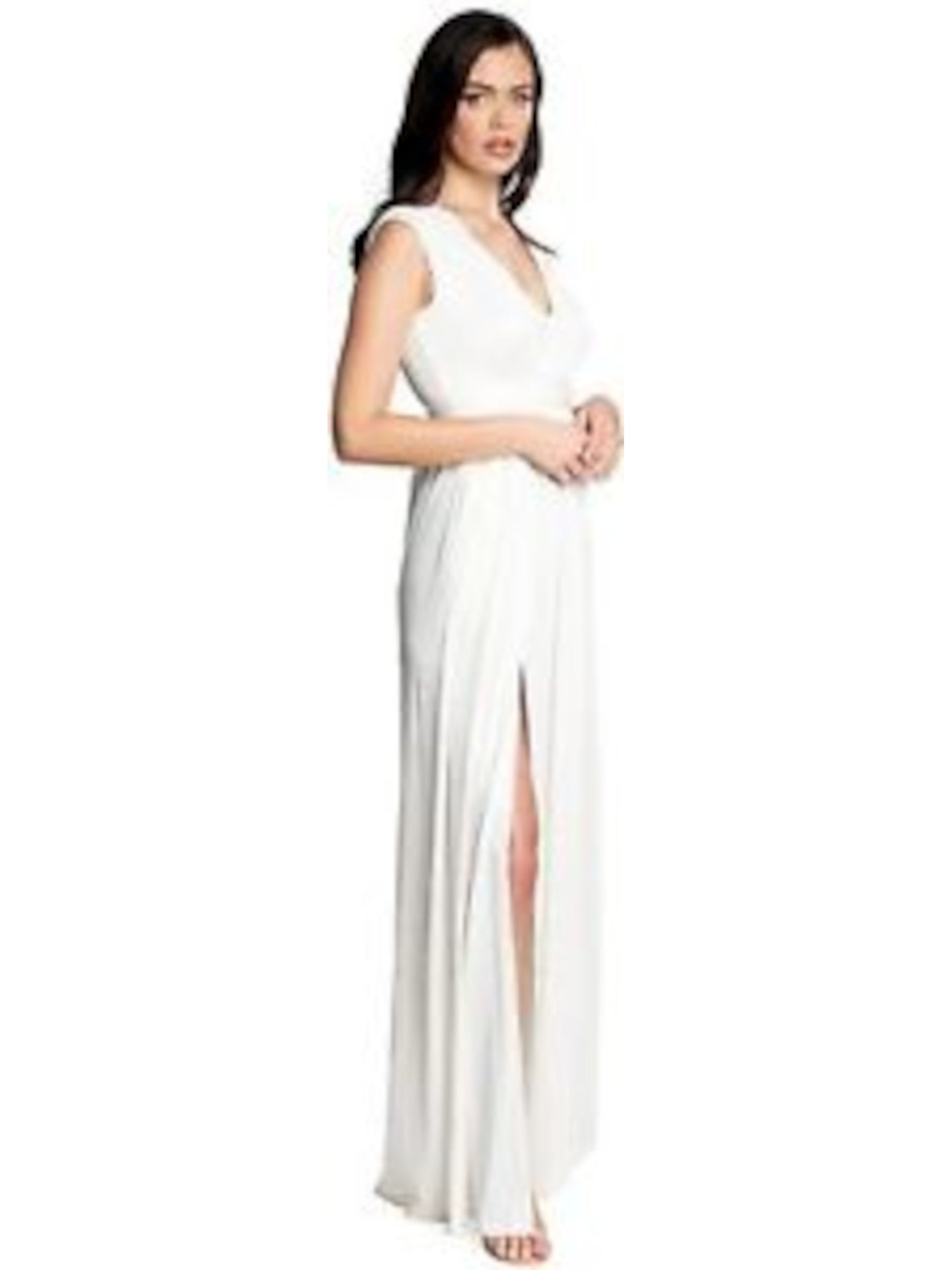 DRESS THE POPULATION Womens Ivory Stretch Ruched Zippered Cinched Waist Belted Slitted Sleeveless V Neck Full-Length Evening Fit + Flare Dress M