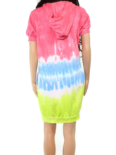 ULTRA FLIRT Womens Pink Jersey Pocketed Drawstring Hoodie Tie Dye Short Sleeve Crew Neck Short Shift Dress S