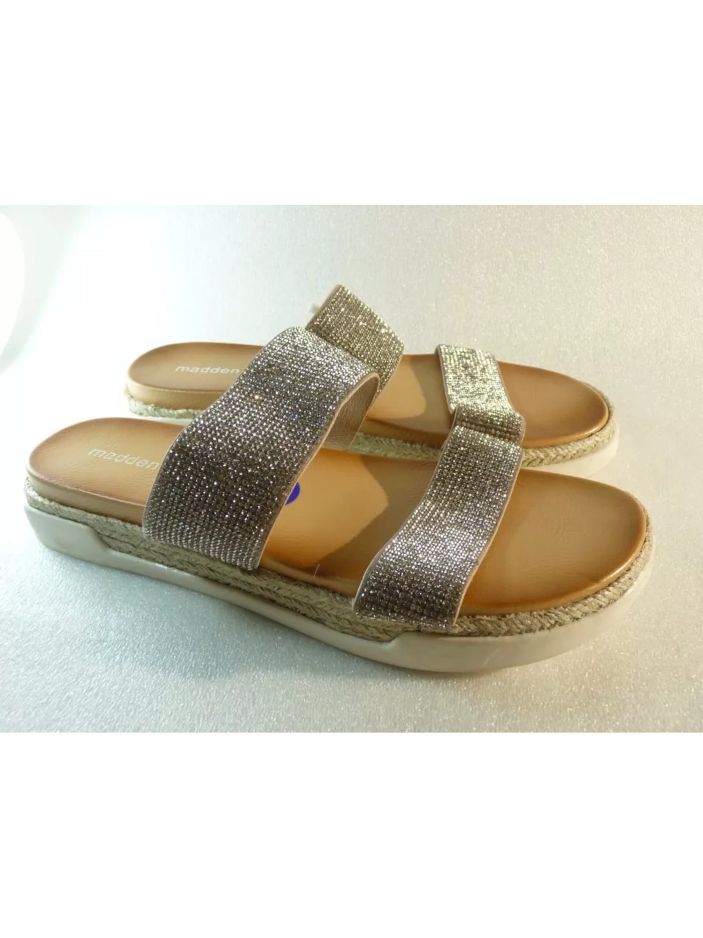 MADDEN GIRL Womens Brown Mixed Media Goring Double Strap Espadrille Rhinestone Padded Mightyr Round Toe Platform Slip On Dress Slide Sandals Shoes 9