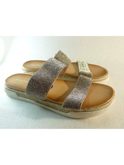 MADDEN GIRL Womens Brown Mixed Media Goring Double Strap Espadrille Rhinestone Padded Mightyr Round Toe Platform Slip On Dress Slide Sandals Shoes 9