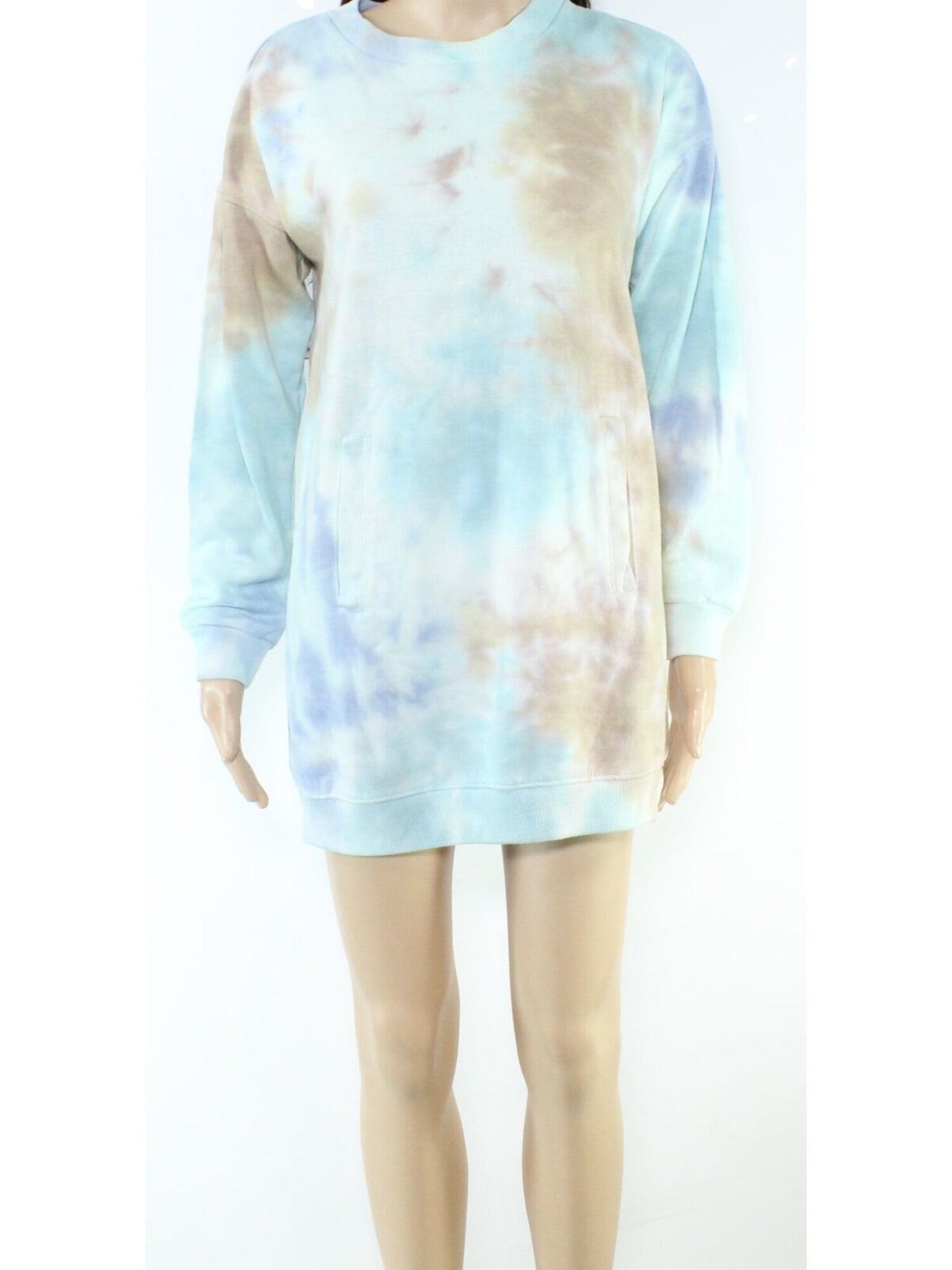 ULTRA FLIRT Womens Light Blue Pocketed Ribbed Cuffs And Hem Tie Dye Long Sleeve Crew Neck Short Shift Dress M