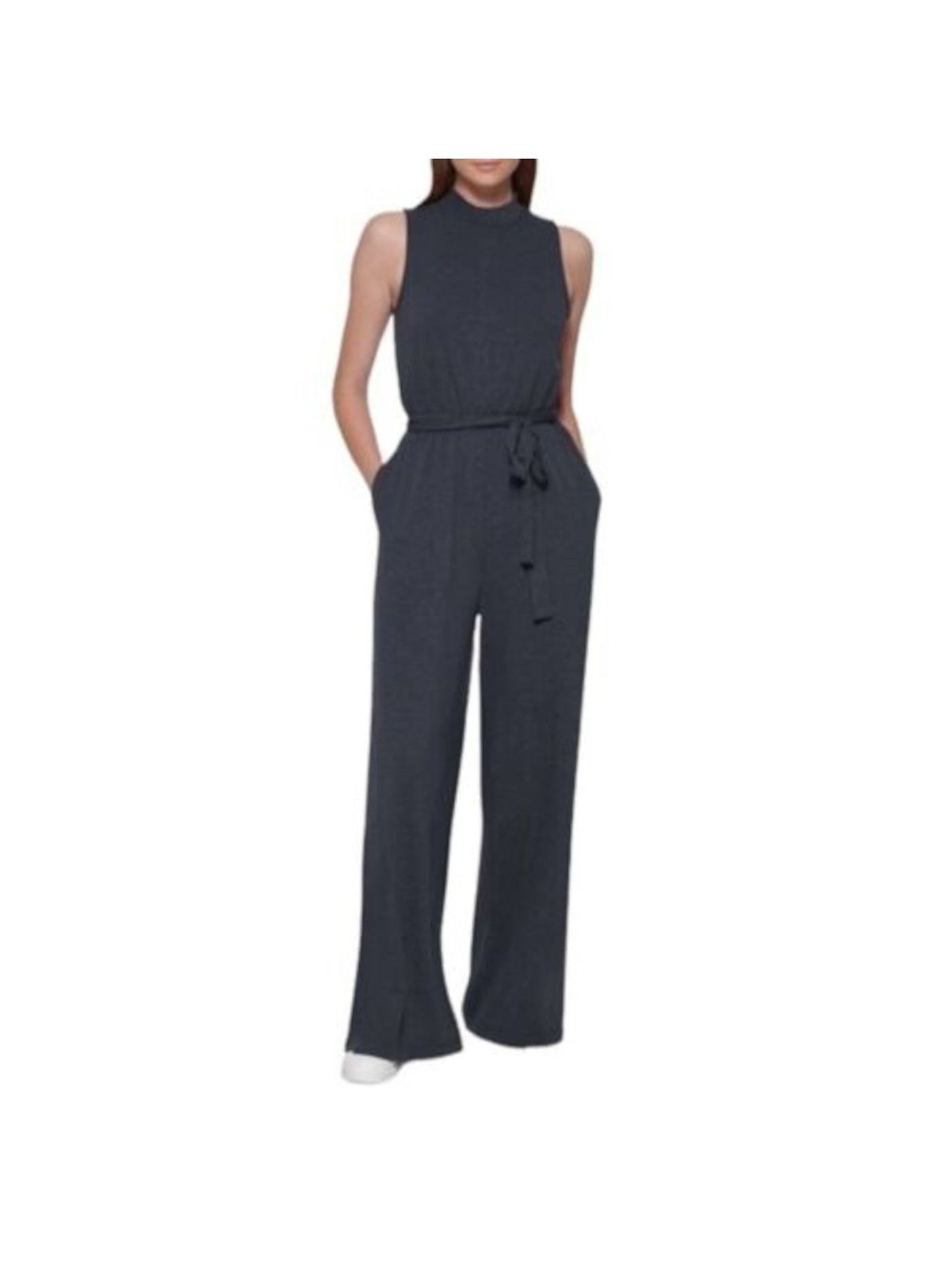 MNY MARC NEW YORK PERFORMANCE Womens Gray Tie Elastic Waist Heather Sleeveless Mock Neck Wide Leg Jumpsuit L