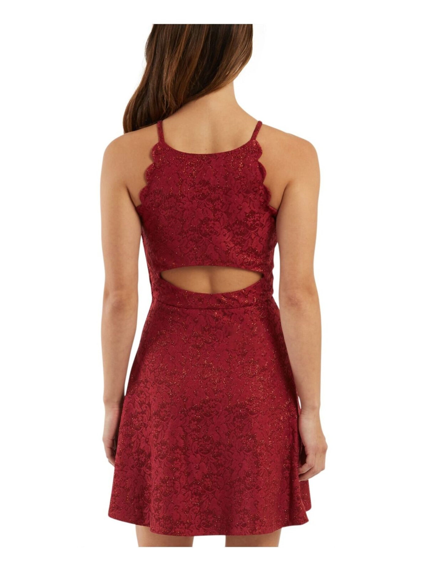 BCX Womens Red Glitter Cut Out Scalloped Floral Sleeveless Halter Short Party Fit + Flare Dress 9