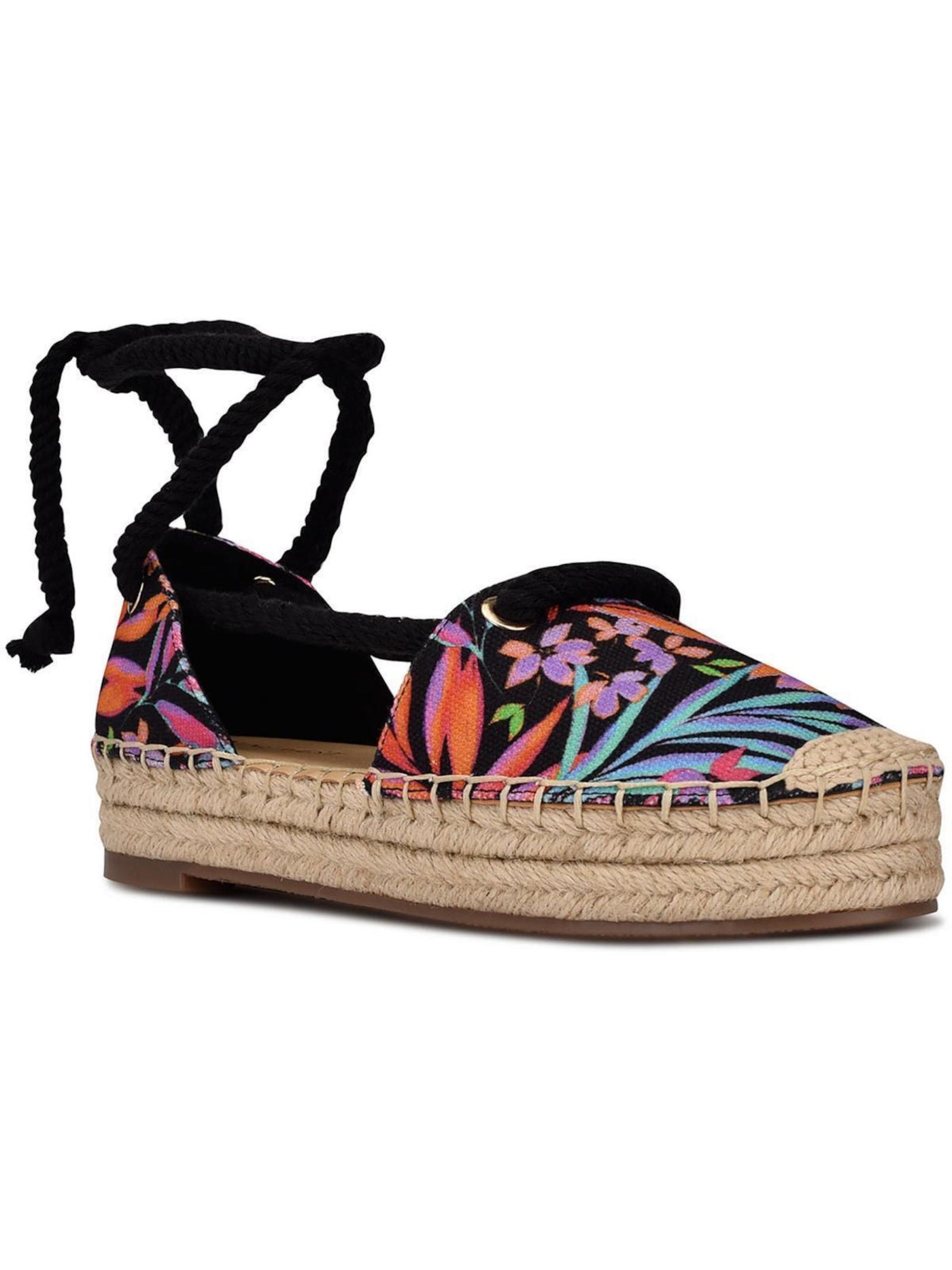 NINE WEST Womens Black Floral Ankle Strap Cushioned Meaks Round Toe Platform Lace-Up Espadrille Shoes 9 M