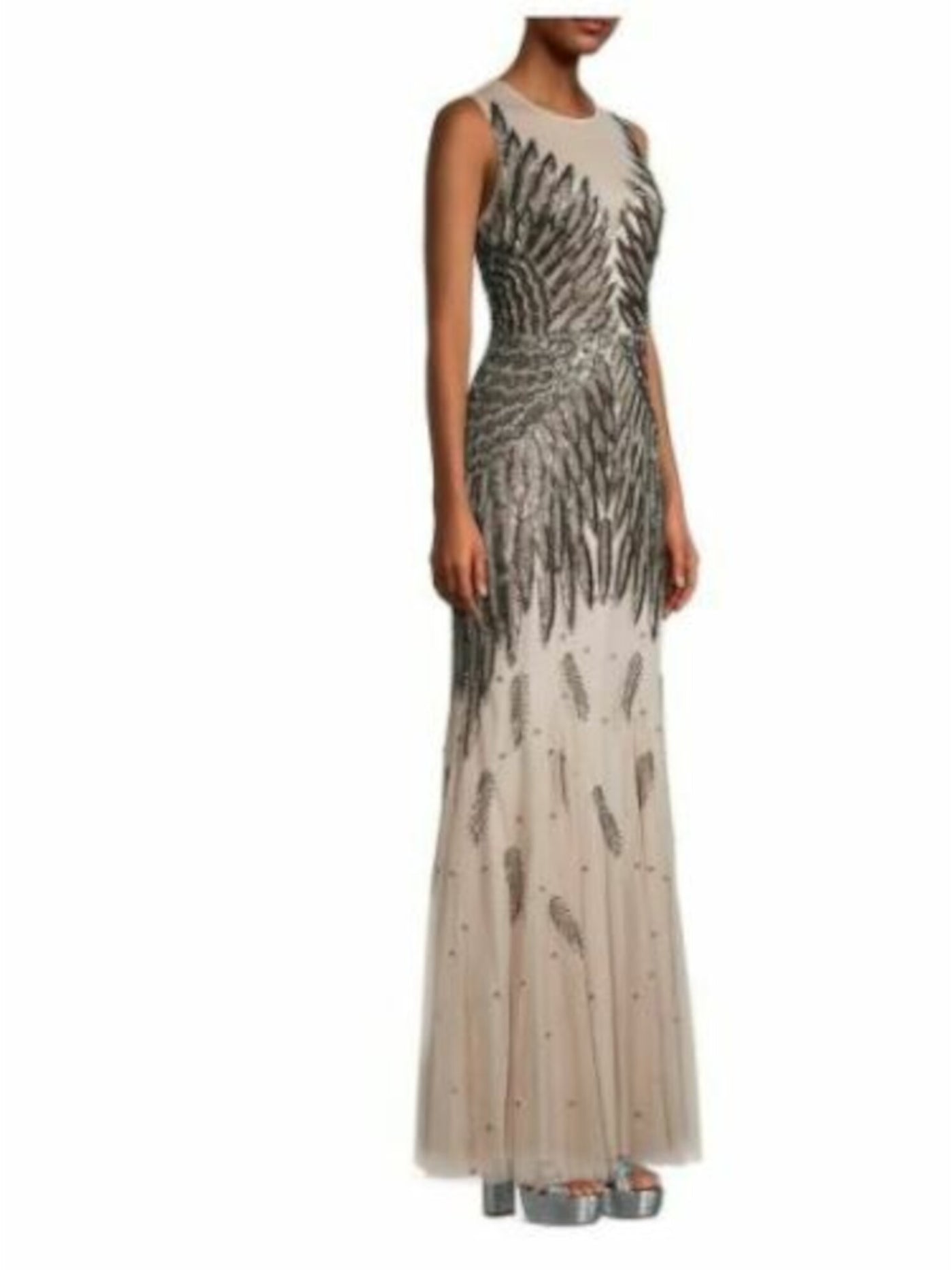 AIDAN AIDAN MATTOX Womens Beige Beaded Zippered Lined Sleeveless Illusion Neckline Full-Length Formal Mermaid Dress 4