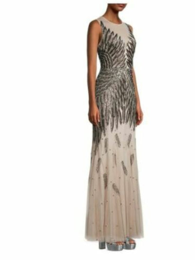 AIDAN AIDAN MATTOX Womens Beige Beaded Zippered Lined Sleeveless Illusion Neckline Full-Length Formal Mermaid Dress 4
