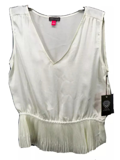 VINCE CAMUTO Womens Ivory Pleated Sheer Unlined Sleeveless V Neck Wear To Work Peplum Top XS