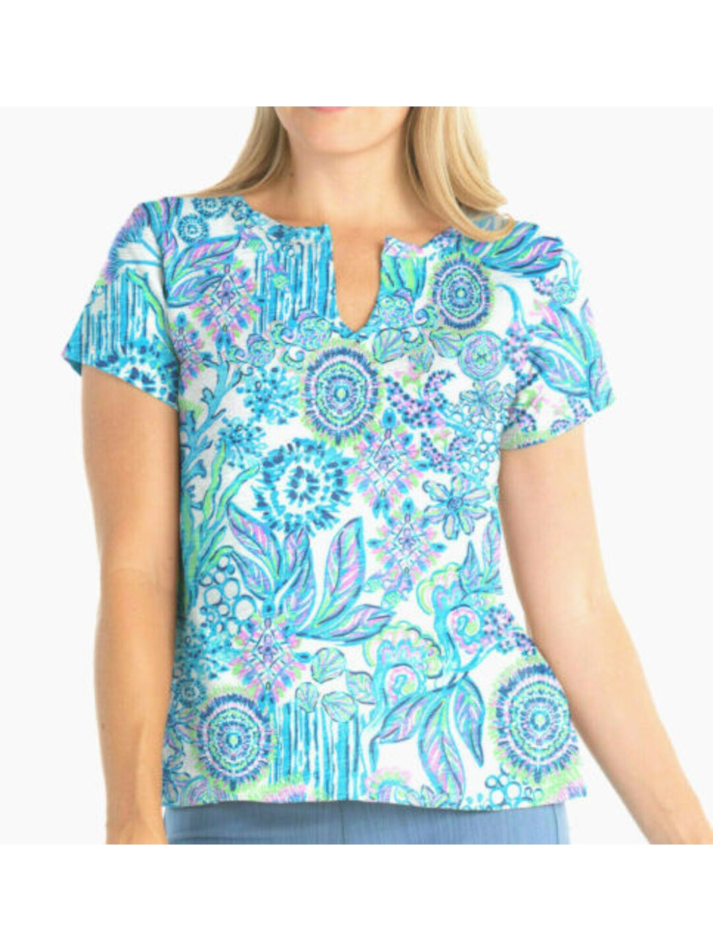 FRESH PRODUCE Womens Blue Stretch Printed Cap Sleeve V Neck Tunic Top SM