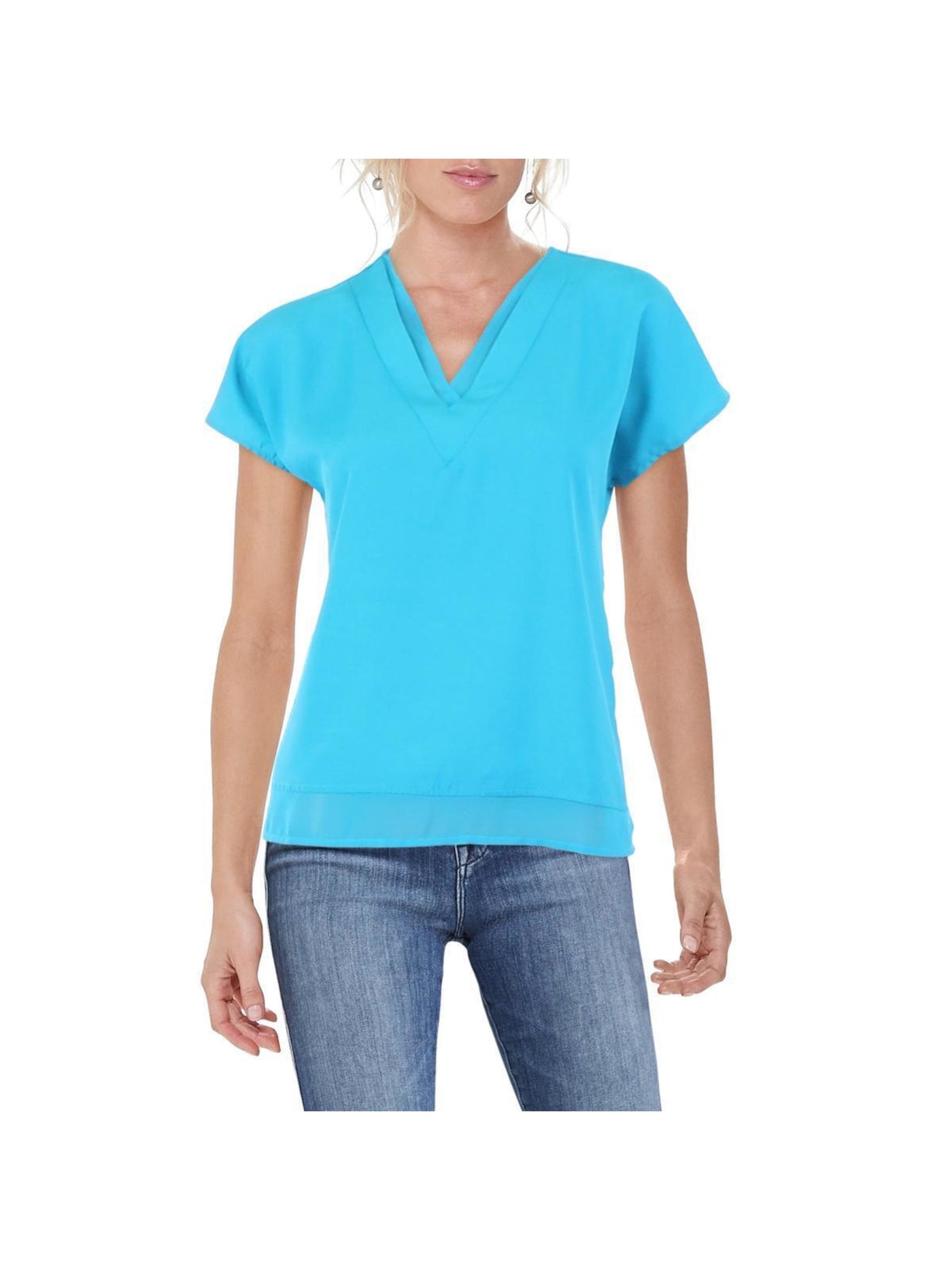 DKNY Womens Teal Textured Faux Layered Vented Hem Short Sleeve V Neck T-Shirt S