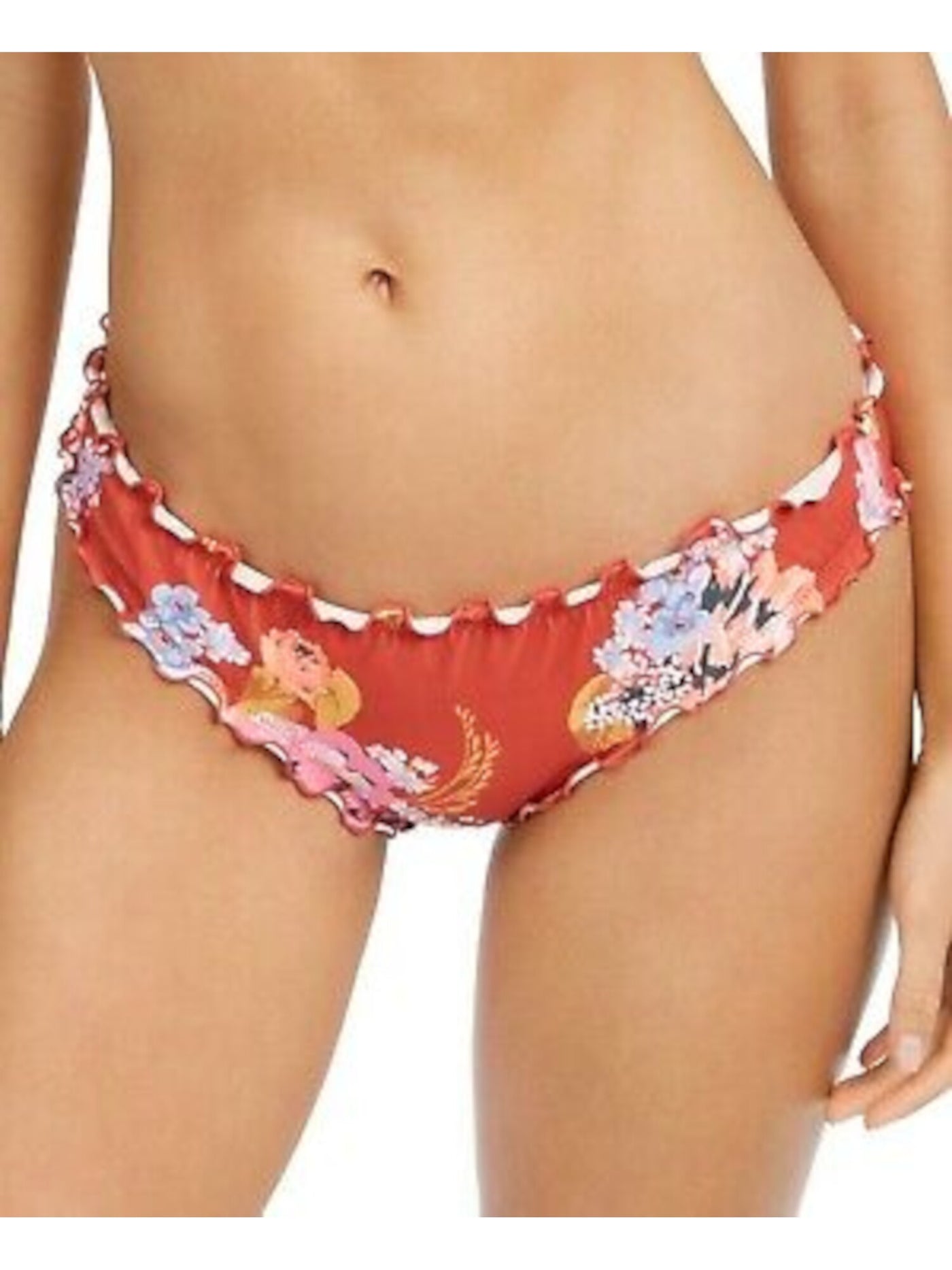 SUNDAZED Women's Orange Floral Stretch Ruffled Lined Moderate Coverage Shirred Bikini Swimsuit Bottom S