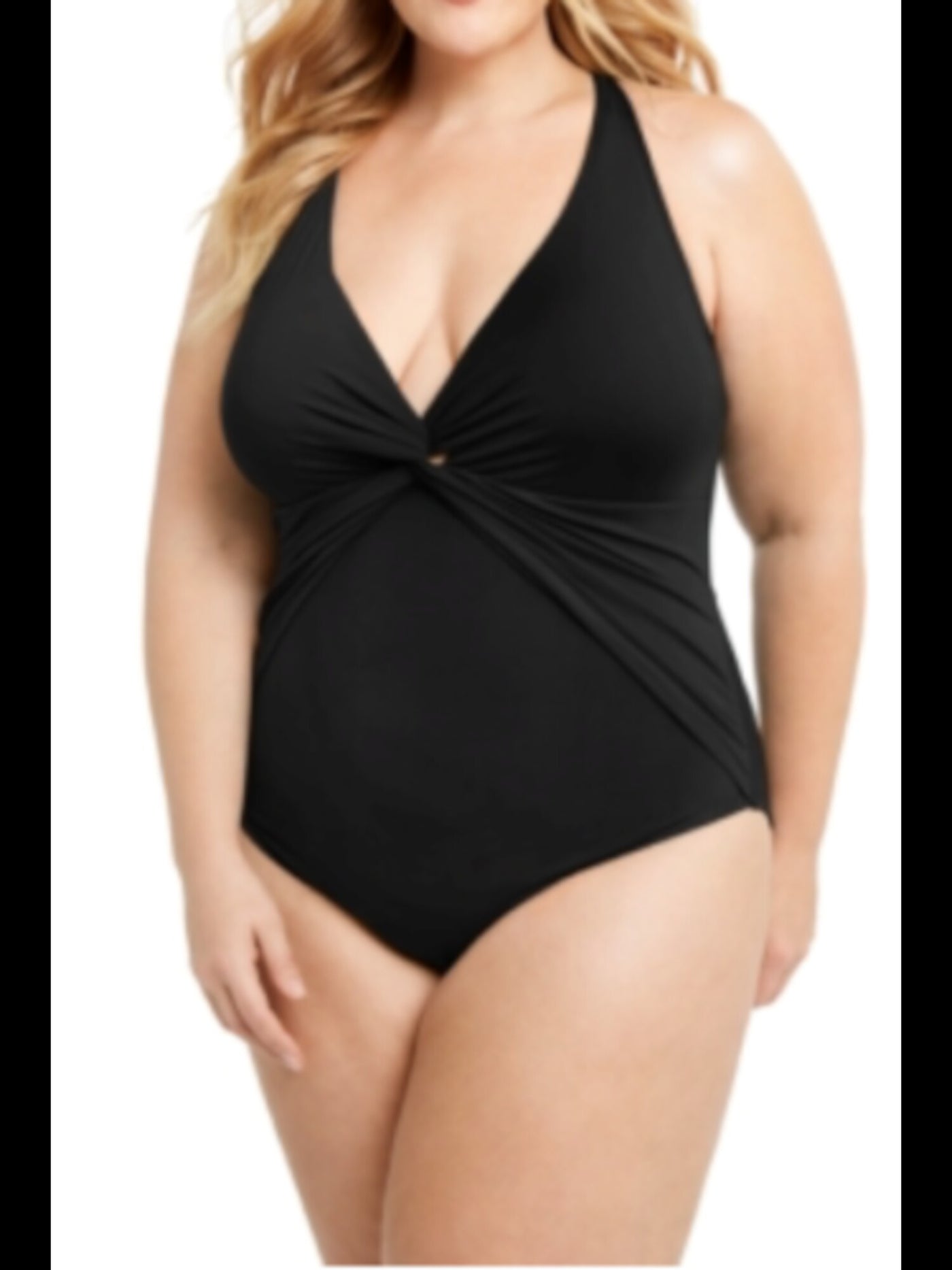 BLEU Women's Black Stretch Twist Front  Lined Deep V Neck Full Coverage Twist & Shout Halter One Piece Swimsuit 18W