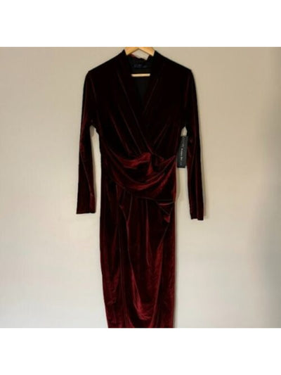 RACHEL RACHEL ROY Womens Red Long Sleeve Surplice Neckline Below The Knee Cocktail Faux Wrap Dress L