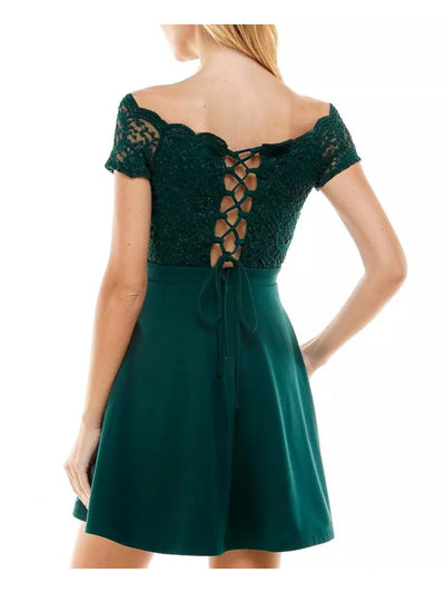 CITY STUDIO Womens Green Scalloped Pocketed Corset-laced Back Zippered Short Sleeve Off Shoulder Short Party Fit + Flare Dress Juniors 7\8