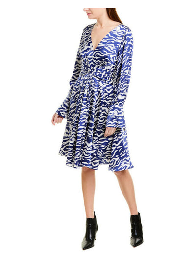 Prabal Gurung Womens Blue Printed Long Sleeve V Neck Knee Length Wear To Work Fit + Flare Dress 6