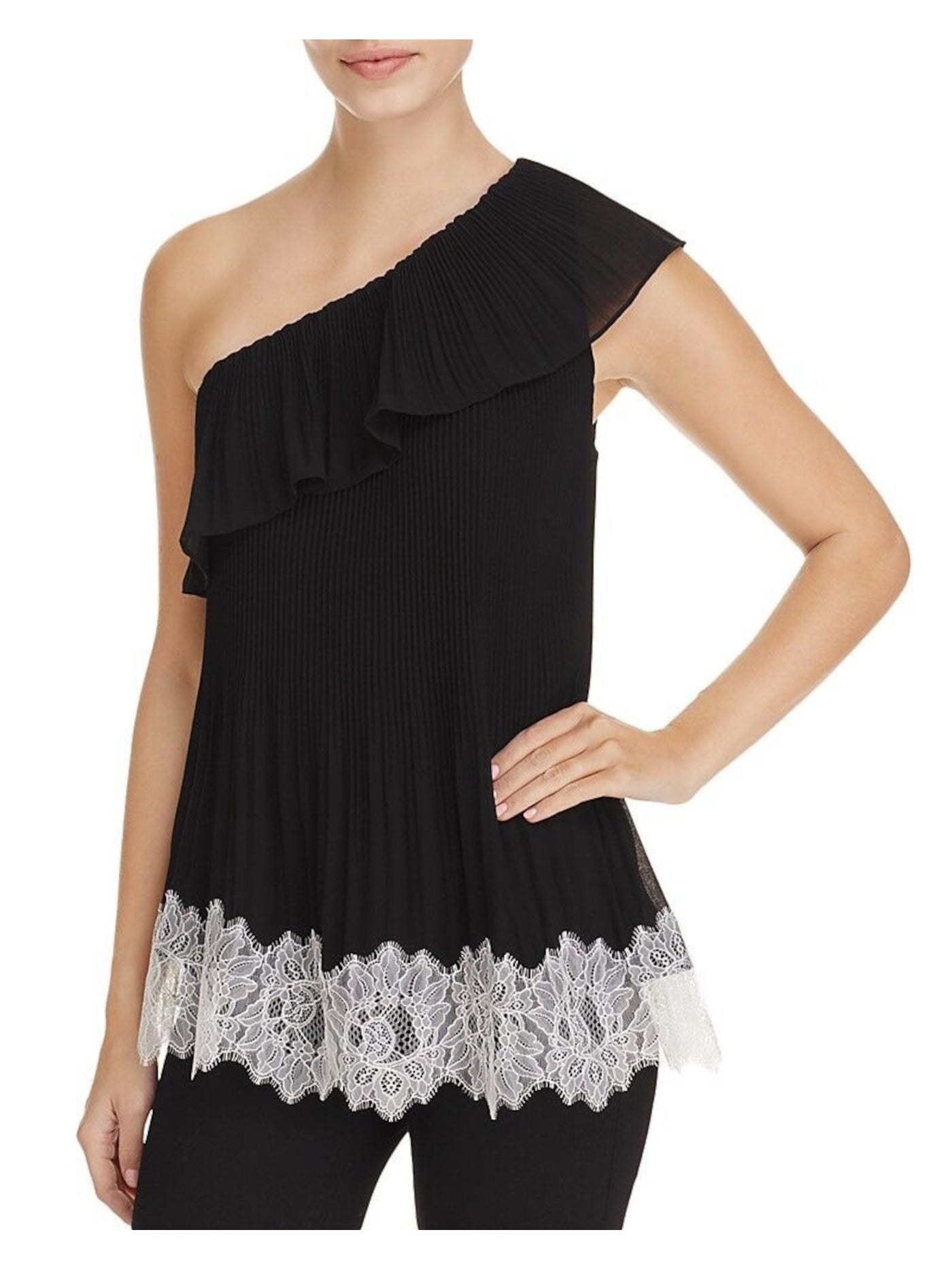 MICHAEL KORS Womens Stretch Pleated Lace Hem Lined Sleeveless Asymmetrical Neckline Evening Top