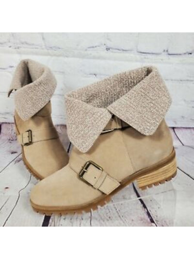 SPLENDID Womens Beige Padded Adjustable Strap Lug Sole Karlyn Round Toe Block Heel Buckle Leather Boots Shoes 7.5 M