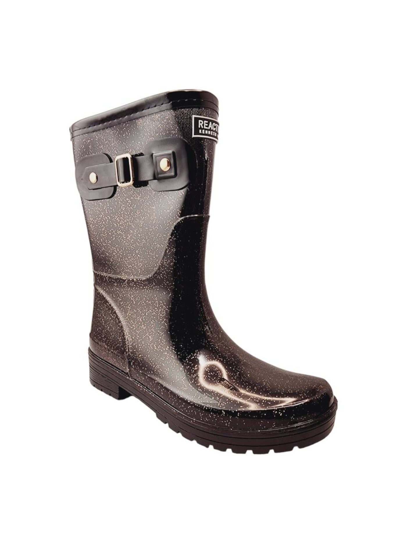 REACTION KENNETH COLE Womens Black Glitter Water Resistant Round Toe Buckle Rain Boots 9 M