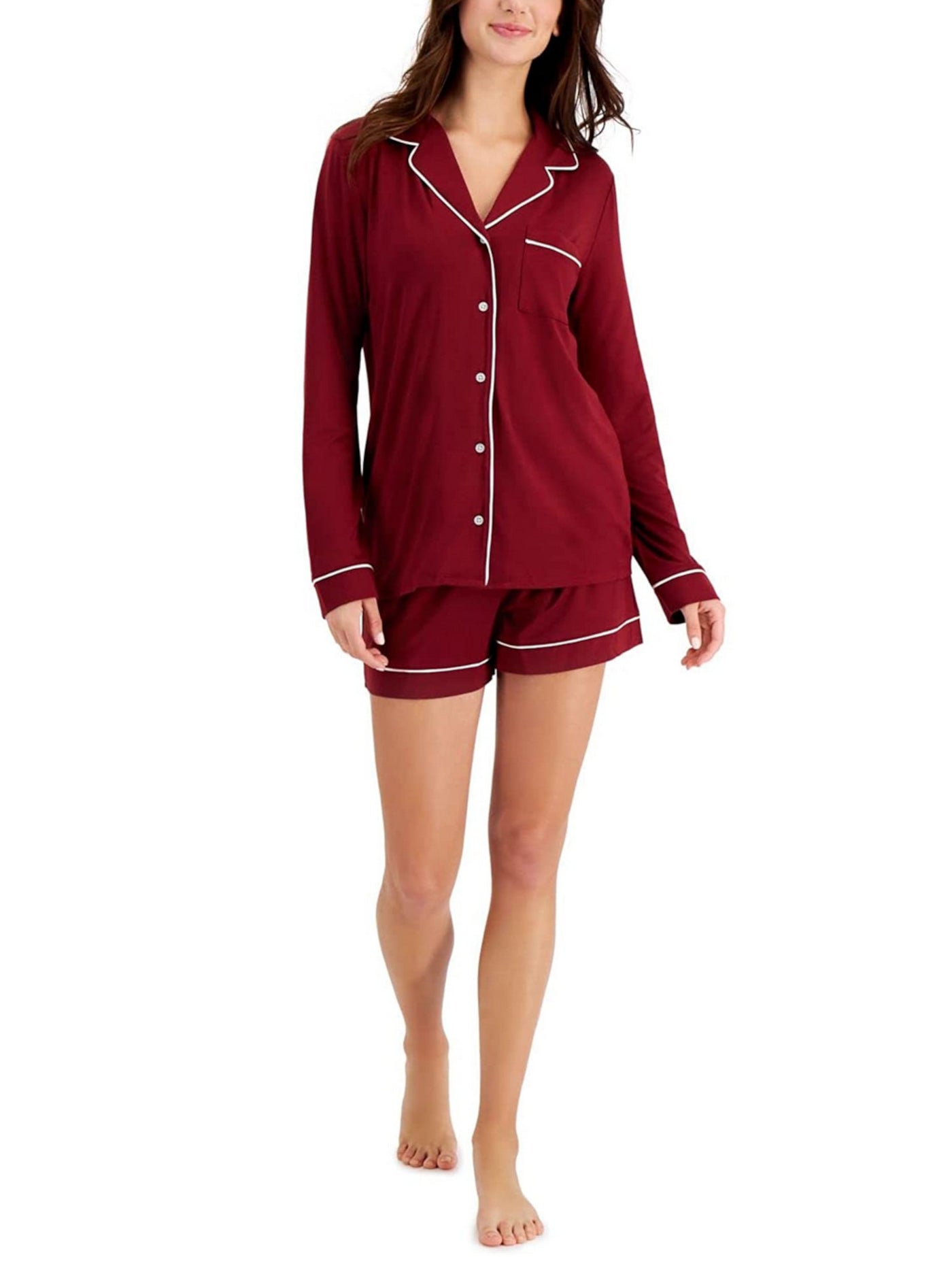 ALFANI Womens Burgundy Notched Collar Long Sleeve Button Up Top Shorts Pants Pajamas XS