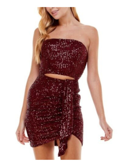 CITY STUDIO Womens Maroon Sequined Zippered Cutout Waist Tie Hi-lo Hem Sleeveless Strapless Short Party Body Con Dress S