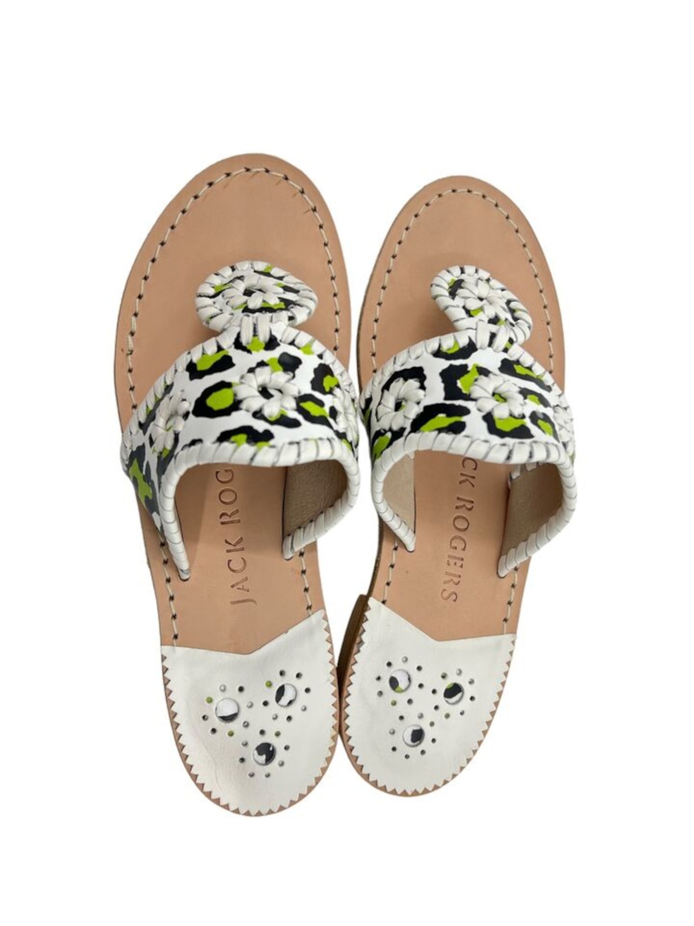 JACK ROGERS Womens White Mixed Media Whipstitch Eyelet Jacks Open Toe Slip On Leather Thong Sandals Shoes 8.5 M