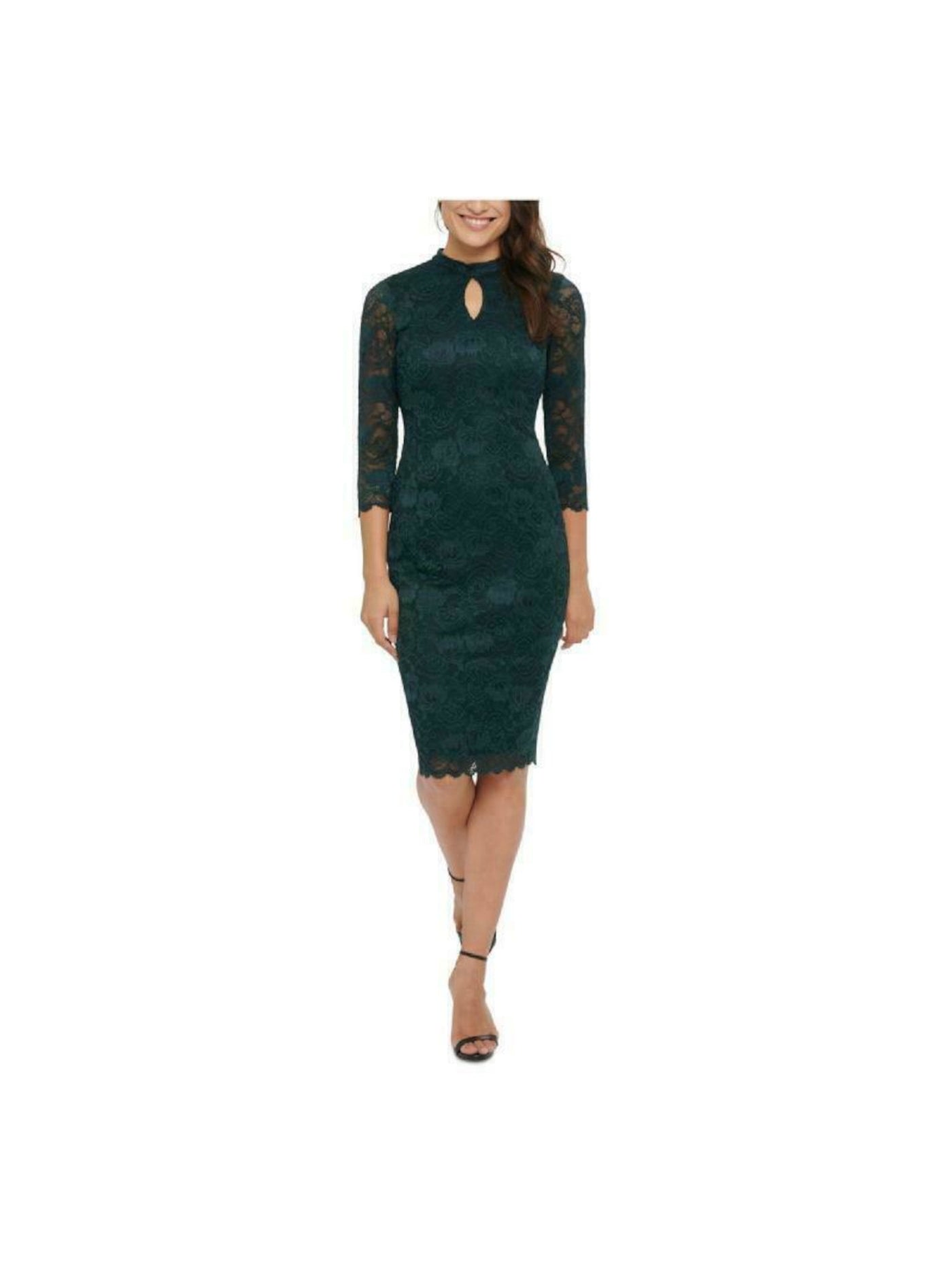 KENSIE Womens Green Textured 3/4 Sleeve Keyhole Knee Length Party Pencil Dress 2