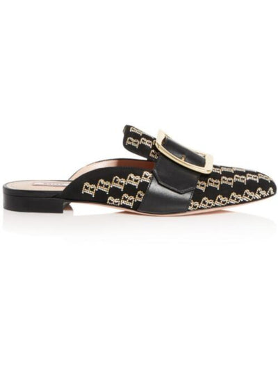BALLY Womens Black Logo Buckle Accent Rhinestone Janesse Toe Block Heel Slip On Leather Mules 7.5 M
