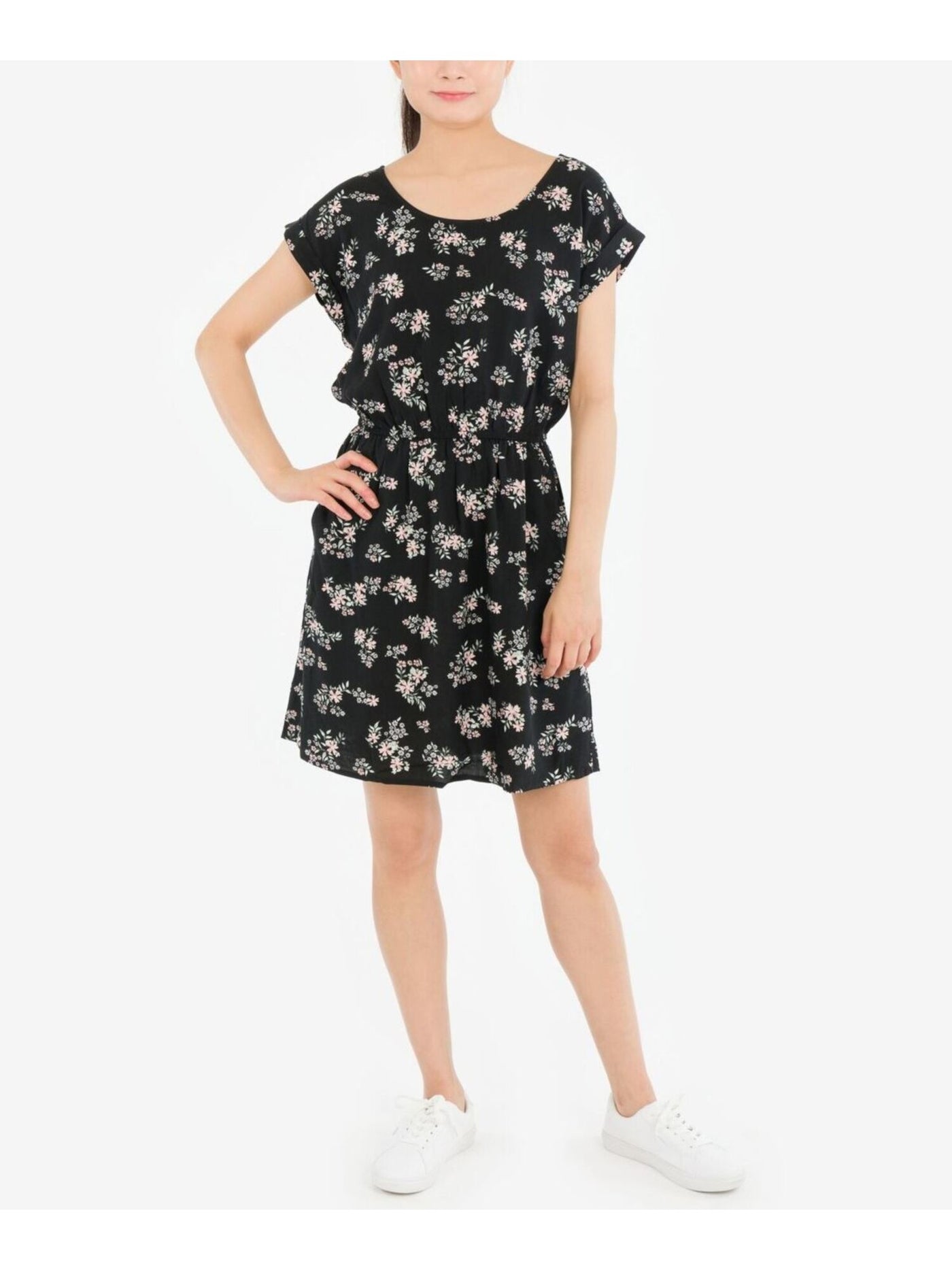 HIPPIE ROSE Womens Black Pocketed Cut Out Elastic-waist Strappy-back Floral Short Sleeve Scoop Neck Short Fit + Flare Dress XS