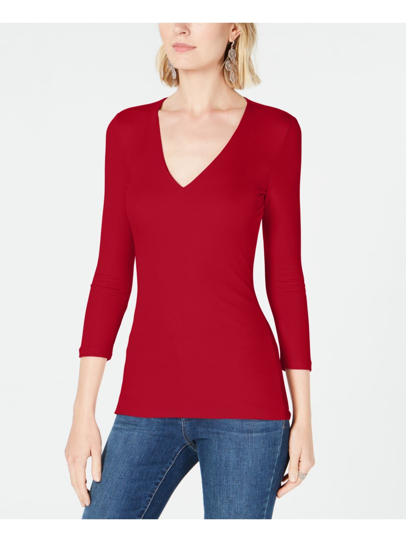 INC Womens Red 3/4 Sleeve V Neck T-Shirt Petites PS