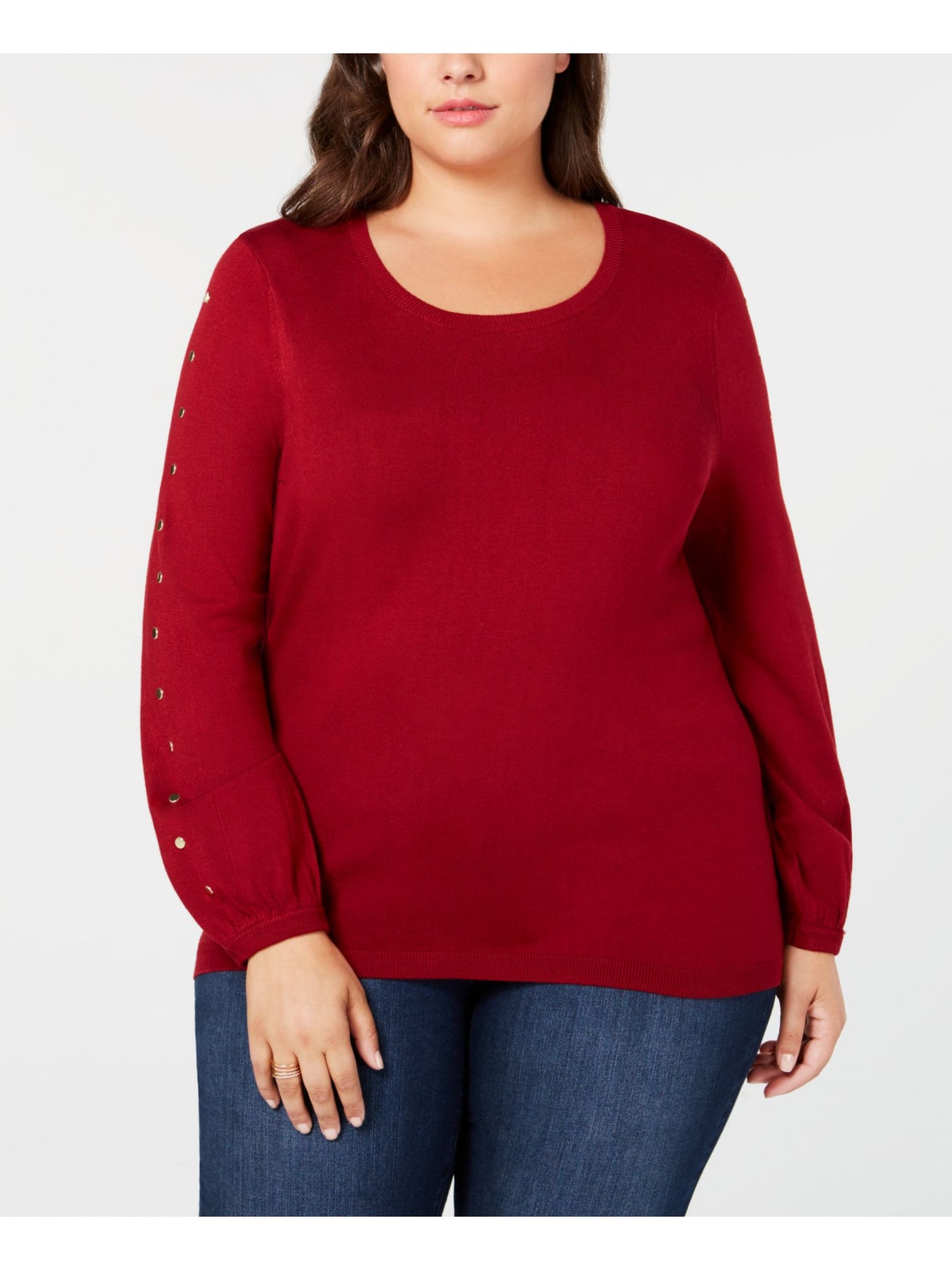 ONE A Womens Long Sleeve Scoop Neck Stud-sleeve Sweater