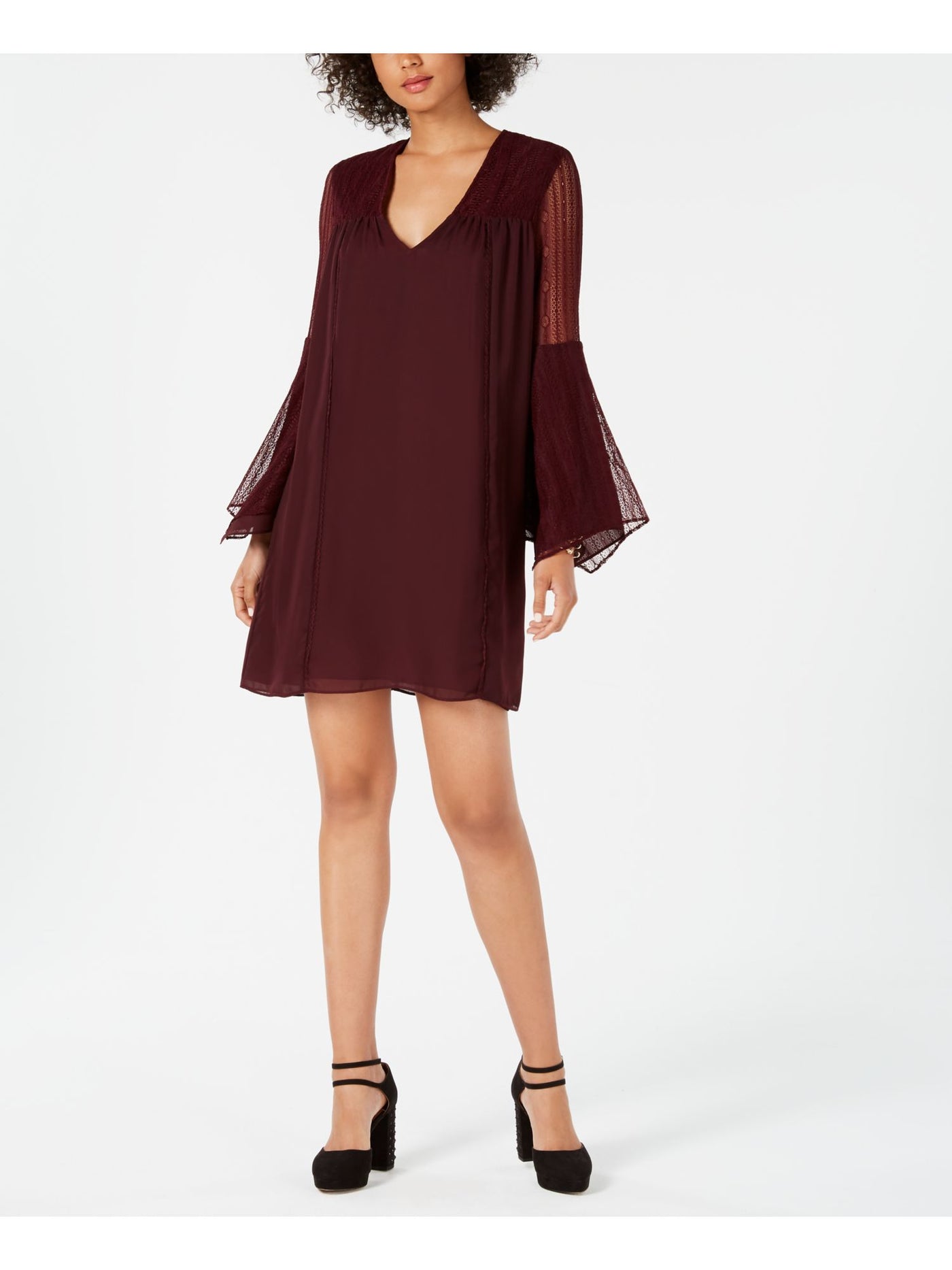 AVEC LES FILLES Womens Burgundy Lace Sleeve Bell Sleeve V Neck Mini Party Shift Dress 2