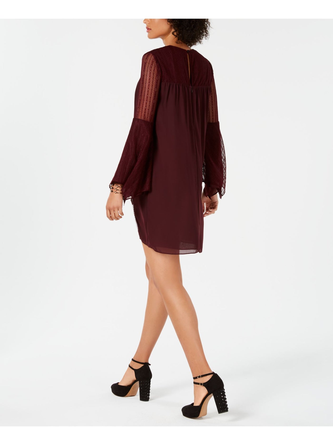 AVEC LES FILLES Womens Burgundy Lace Sleeve Bell Sleeve V Neck Mini Party Shift Dress 2