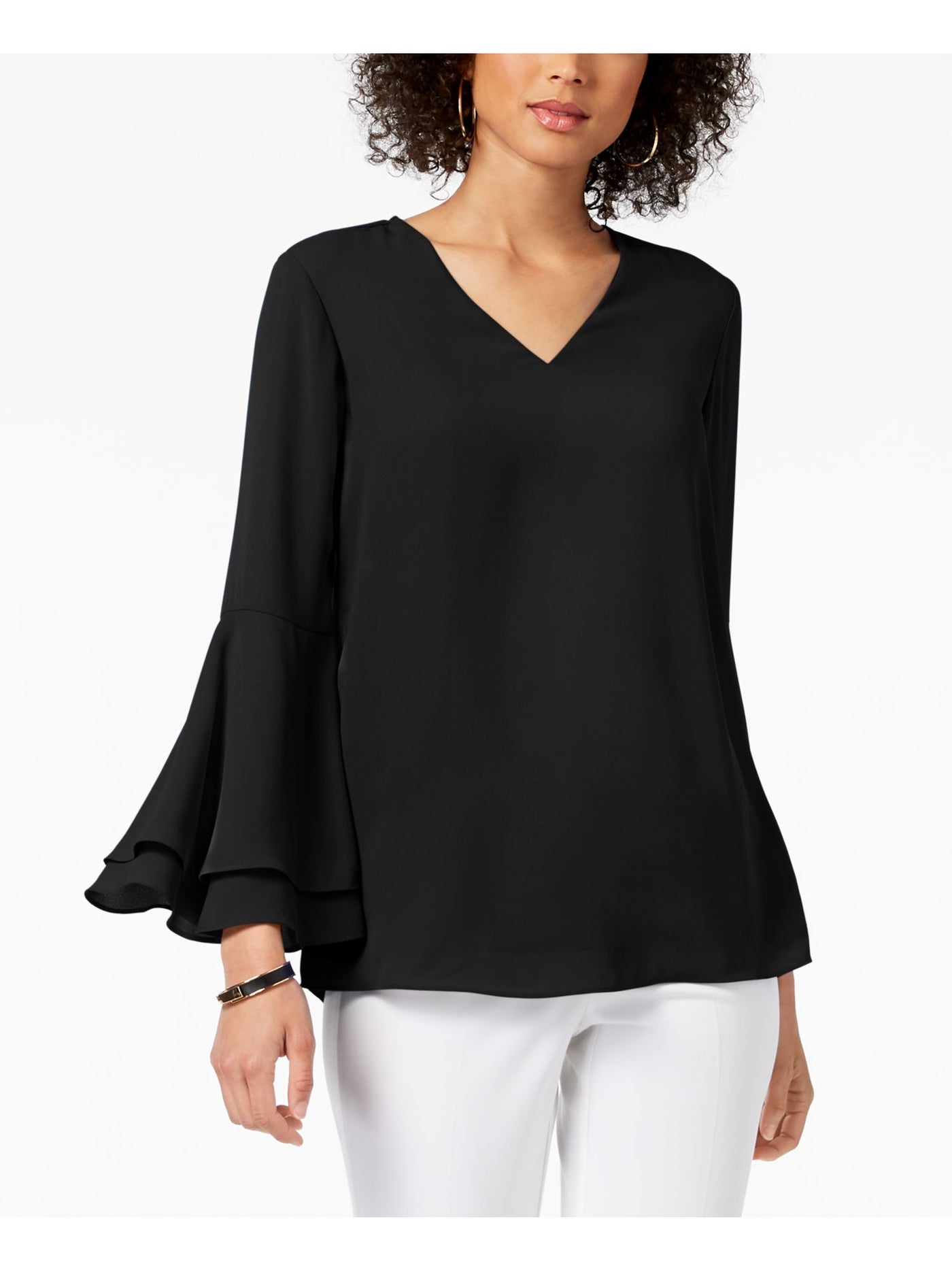 ALFANI Womens Black Ruffled Long Sleeve V Neck Blouse 2