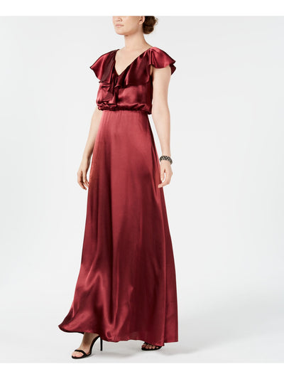 ADRIANNA PAPELL Womens Burgundy Ruffled Short Sleeve V Neck Full-Length Evening Gown Dress Plus 0