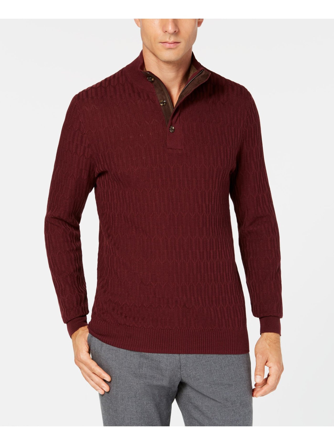 TASSO ELBA Mens Maroon Long Sleeve Collared Sweatshirt M