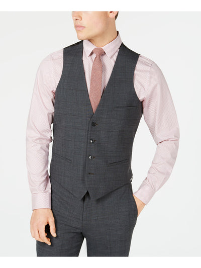 BAR III Mens Gray Single Breasted, Windowpane Plaid Vest Jacket L