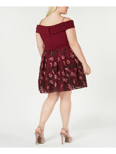 MORGAN & CO Womens Maroon Pleated Floral Spaghetti Strap Off Shoulder Above The Knee Party Circle Dress Plus 18W