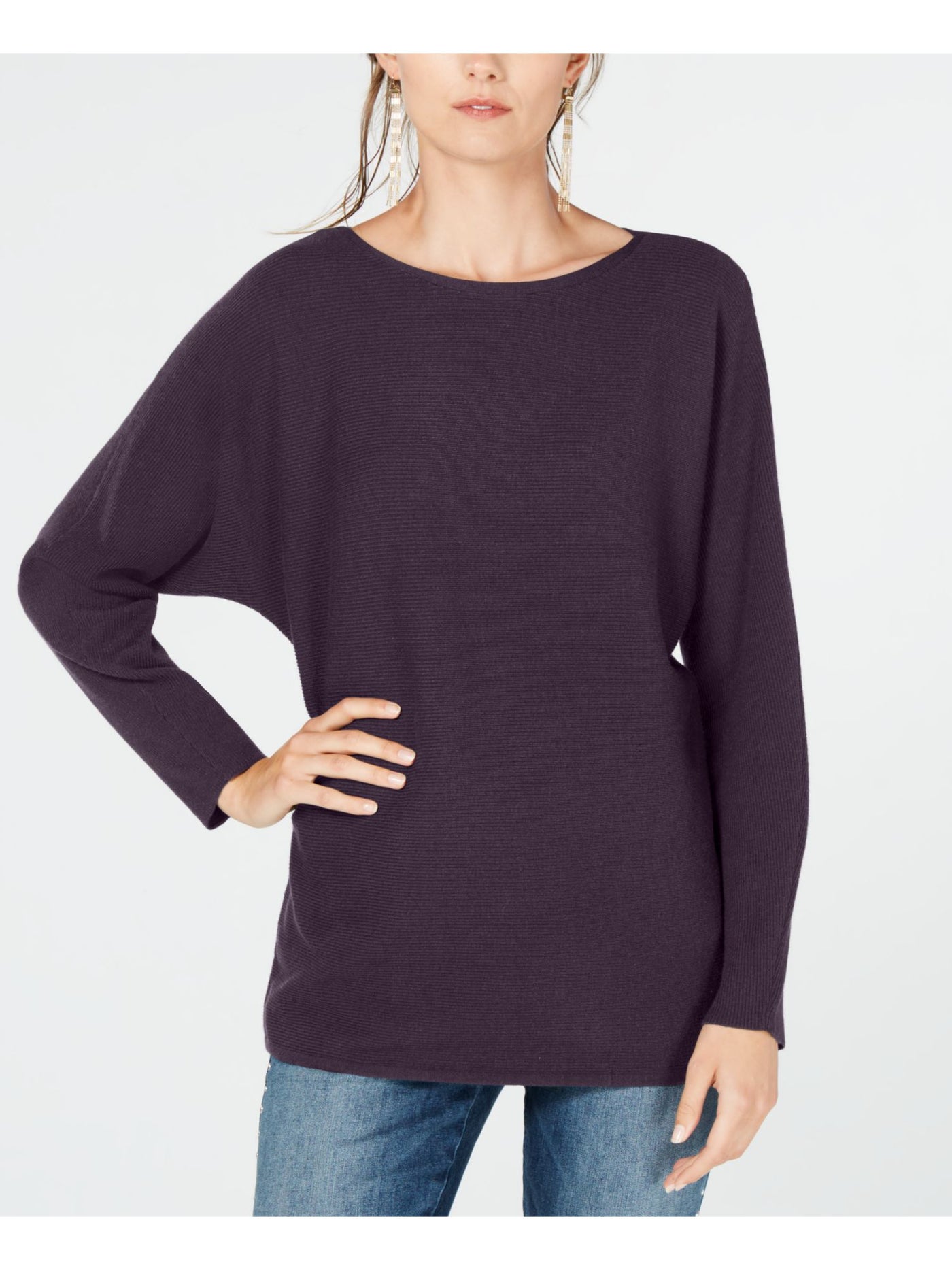 INC Womens Purple Ribbed Ribbed Knit Dolman Sleeve Jewel Neck T-Shirt XS