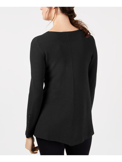 ALFANI Womens Black Stretch Textured Snap-detail Long Sleeve Jewel Neck Top S