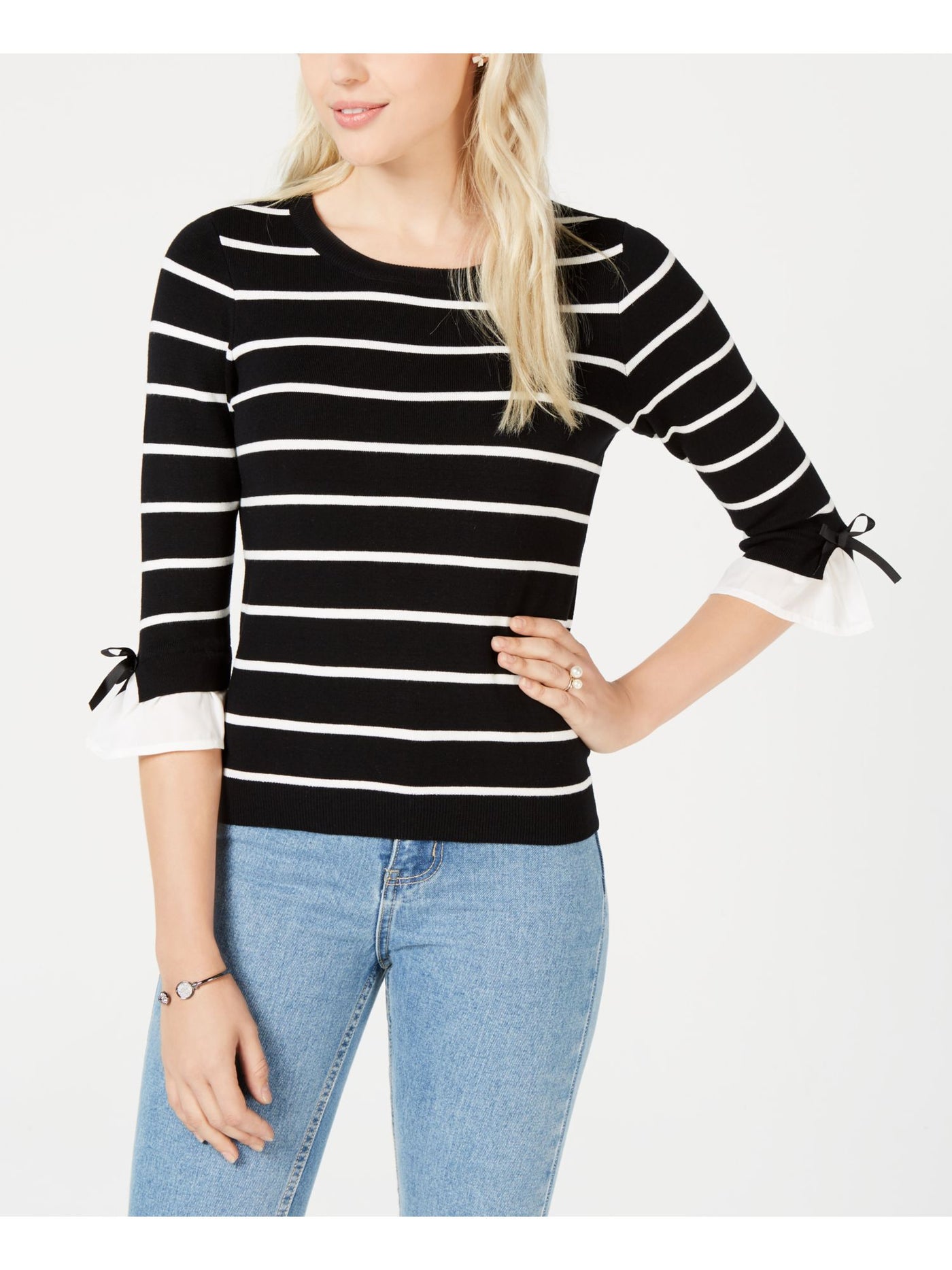 MAISON JULES Womens Black Tie Striped 3/4 Sleeve Jewel Neck T-Shirt XS