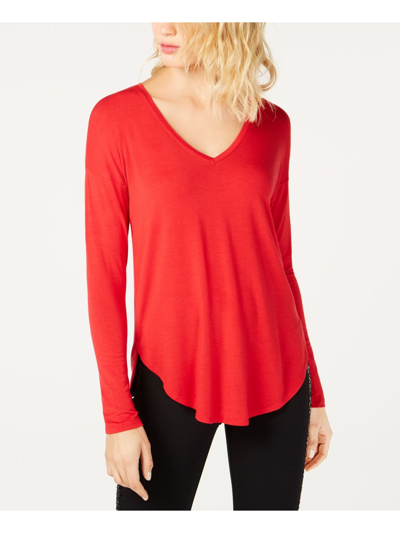 INC Womens Red Pleated Heather Long Sleeve V Neck T-Shirt XS