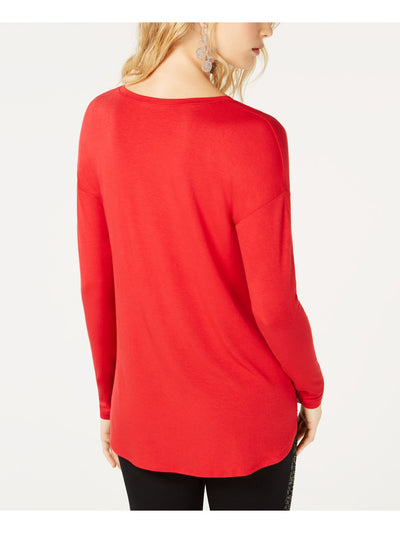 INC Womens Red Pleated Heather Long Sleeve V Neck T-Shirt XS