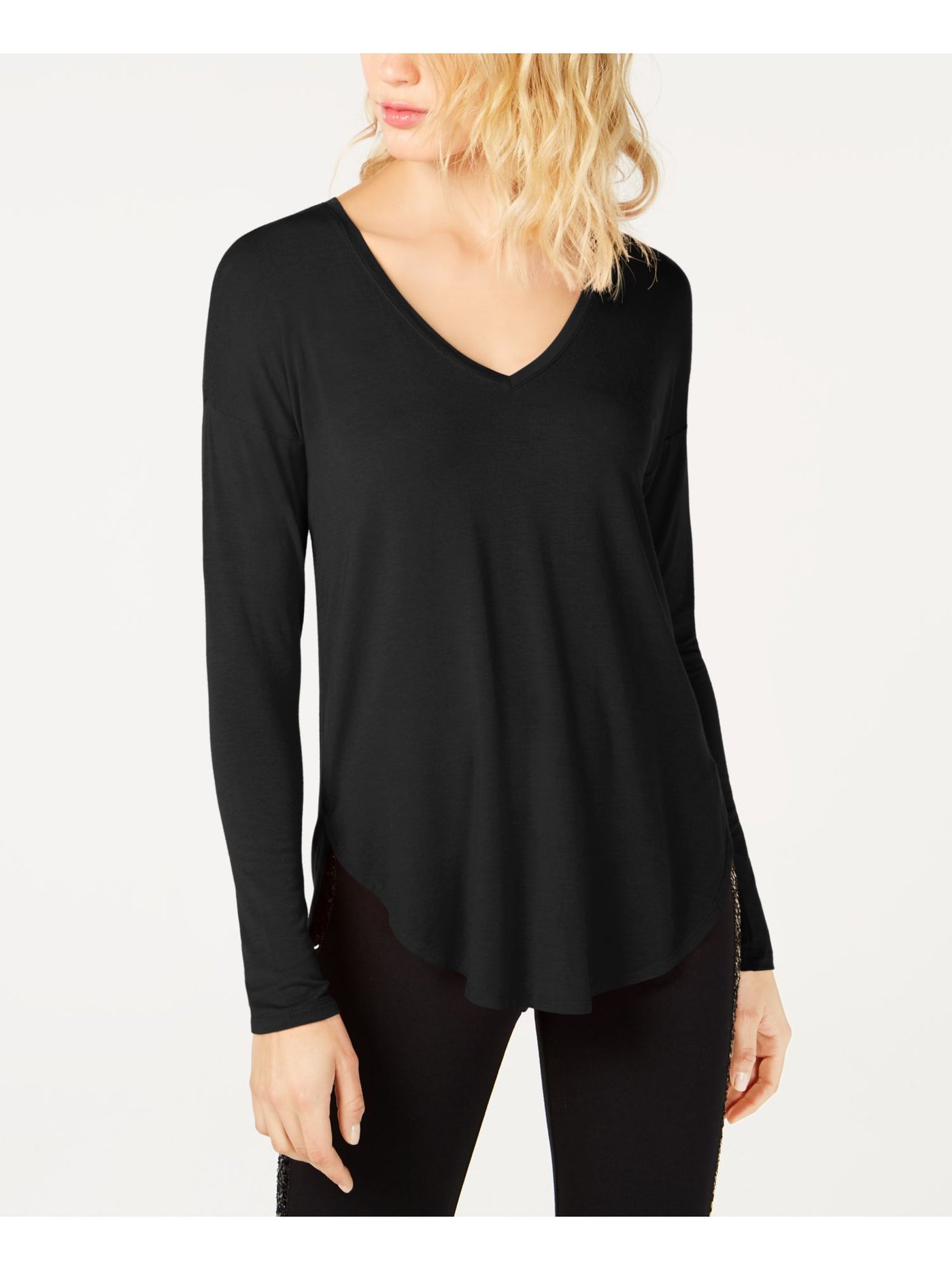 INC Womens Black Pleated Heather Long Sleeve V Neck T-Shirt XS