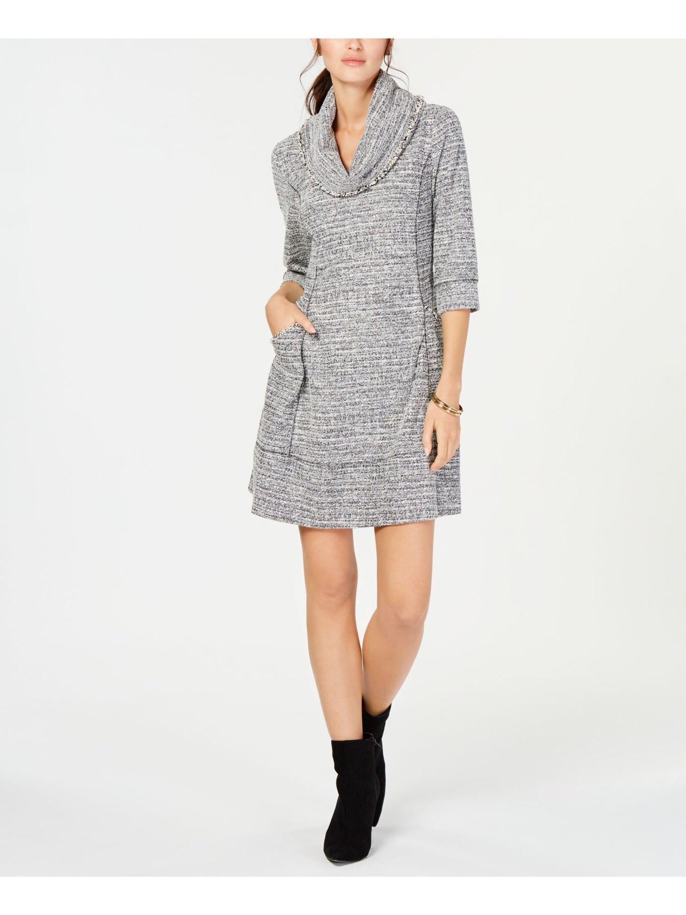 SIGNATURE BY ROBBIE BEE Womens Gray Pocketed Metallic Frayed 3/4 Sleeve Cowl Neck Short Wear To Work Fit + Flare Dress PM