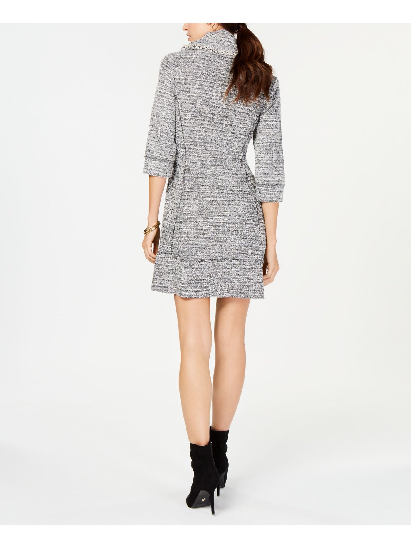 SIGNATURE BY ROBBIE BEE Womens Gray Pocketed Metallic Frayed 3/4 Sleeve Cowl Neck Short Wear To Work Fit + Flare Dress PM