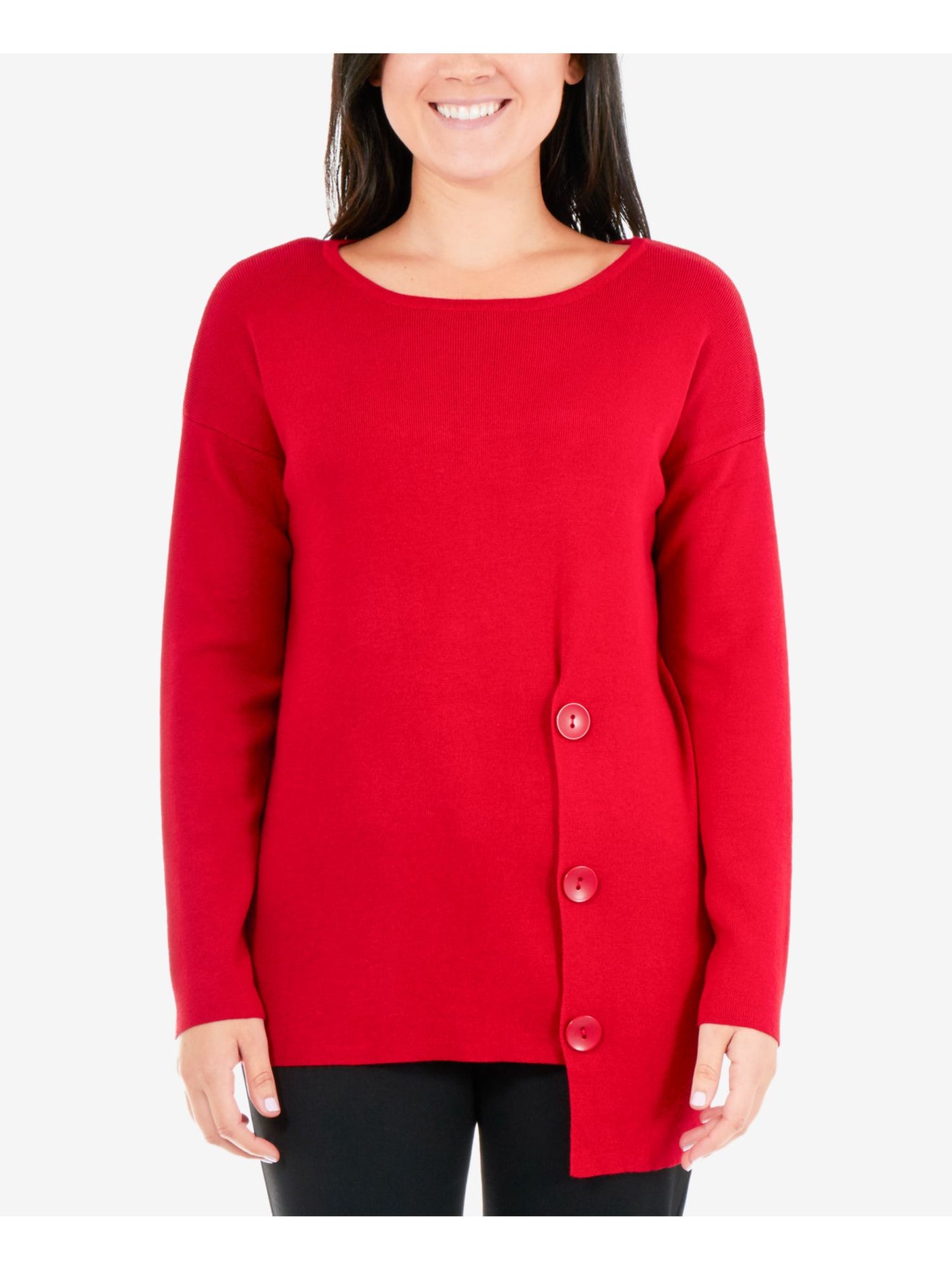 NY COLLECTION Womens Red Long Sleeve Jewel Neck Blouse PM