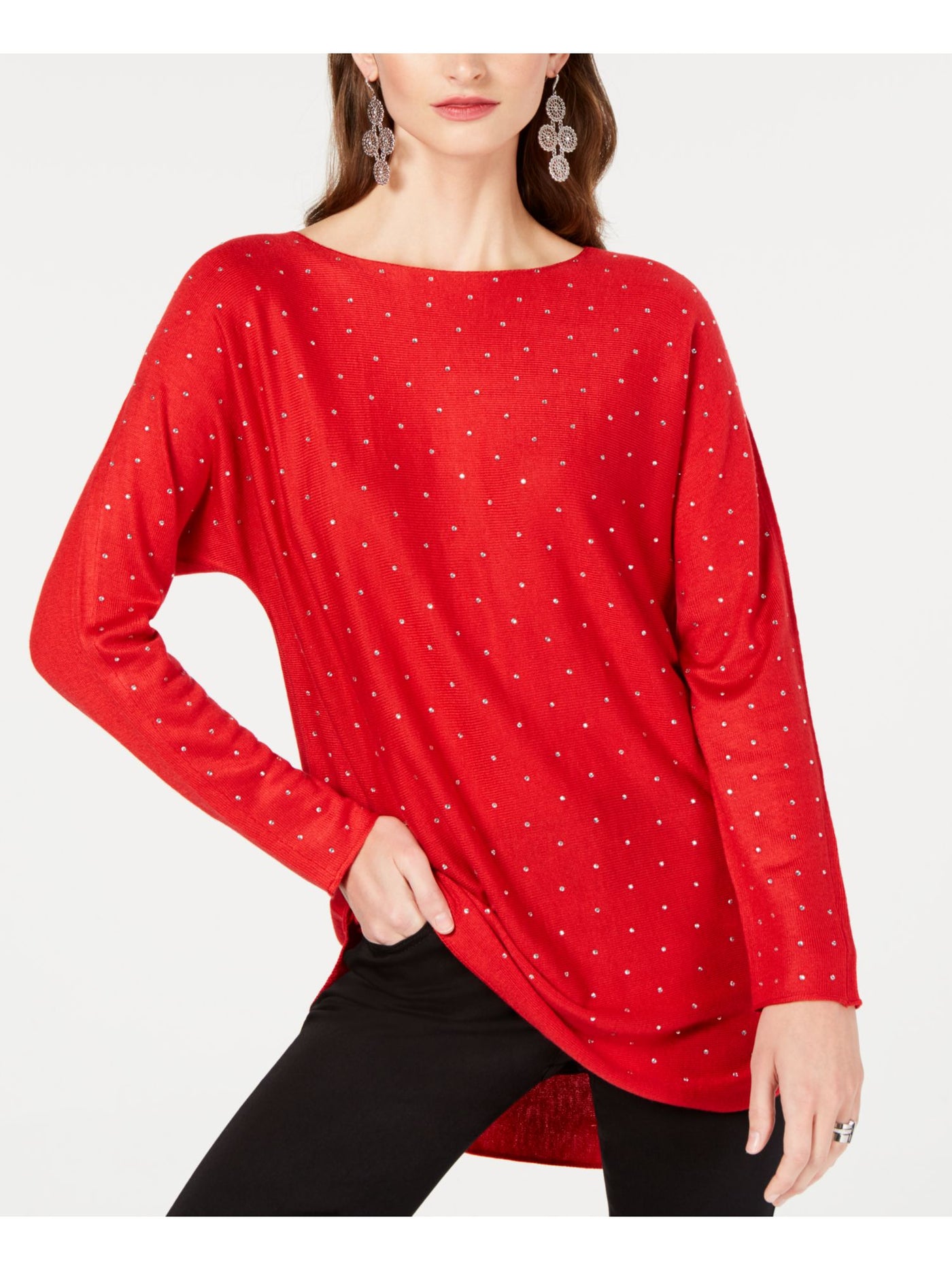 INC Womens Red Embellished Long Sleeve Jewel Neck Hi-Lo Sweater XS