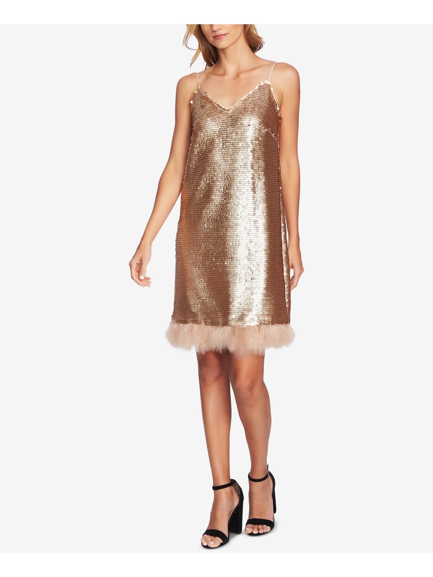 CECE Womens Gold Sequined Feather Trim Spaghetti Strap V Neck Above The Knee Shift Dress 10