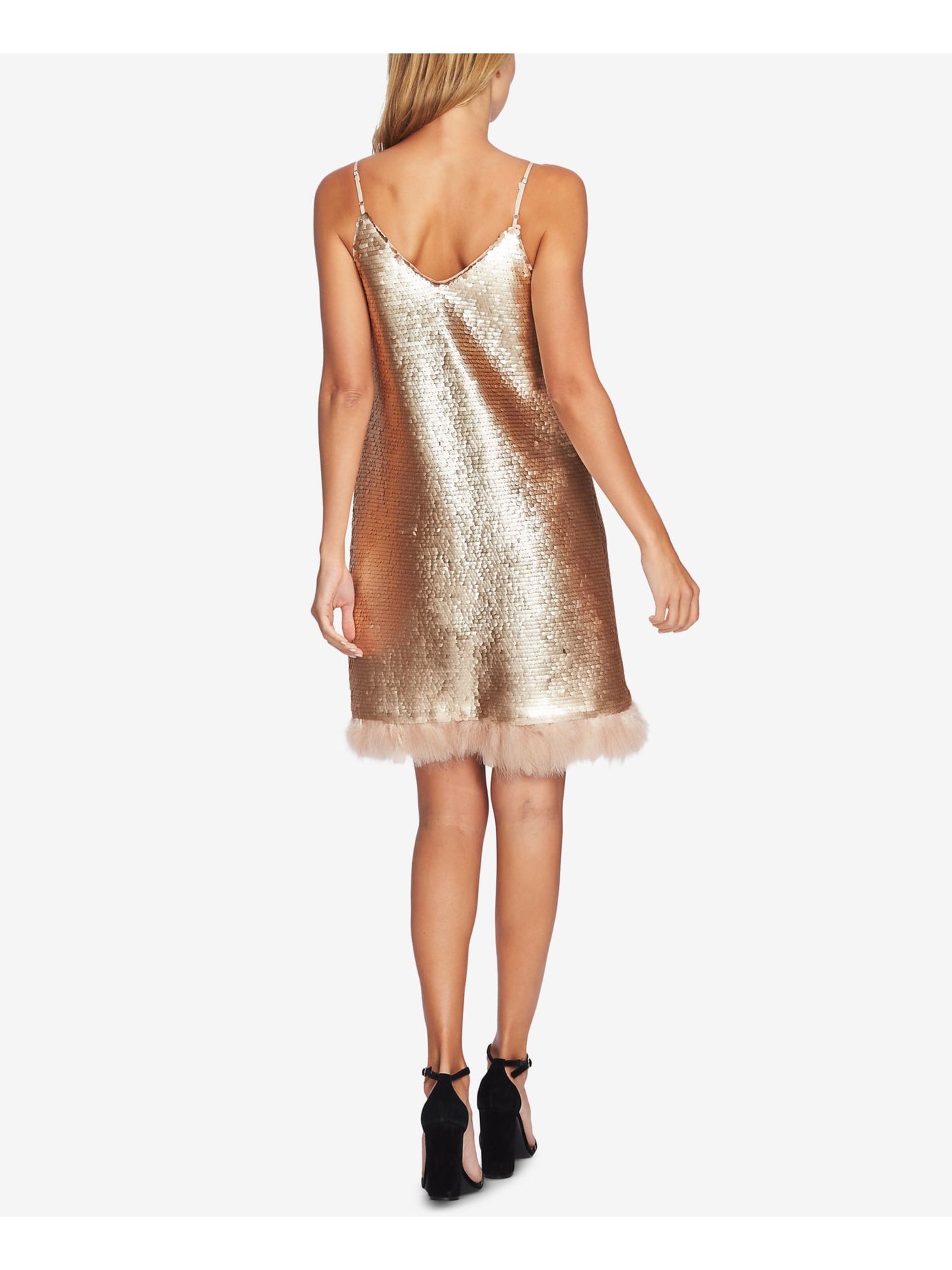 CECE Womens Gold Sequined Feather Trim V Neck Above The Knee Party Shift Dress 6